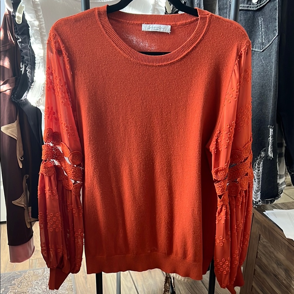 Orange Sweater with Lace Sleeves